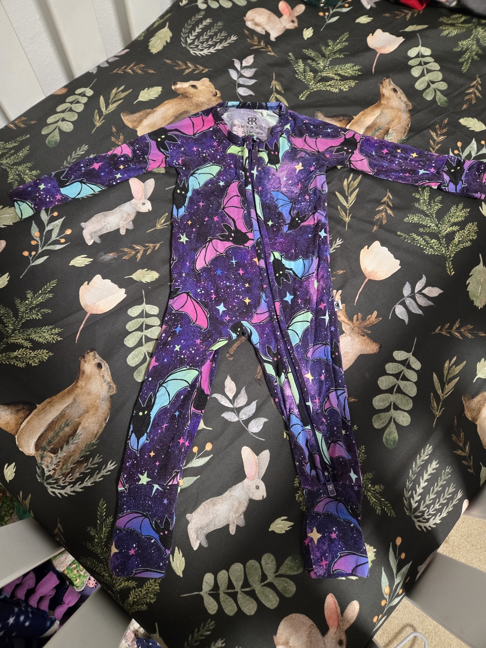 Hallpween Bums & Roses Infant Bat Print Zip Romper in Purple & Teal